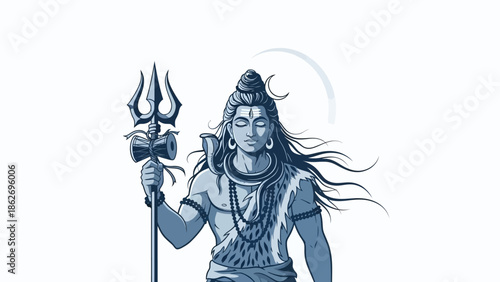 Shiva, the Hindu deity, depicted in a blue vector illustration holding a trident against a white background.