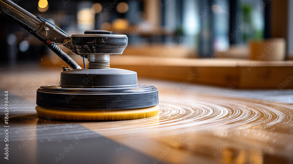 Obraz premium A realistic close-up photograph of professional floor cleaning in progress using an industrial rotary floor scrubber machine. The machine is applying cleaning solution and foam to