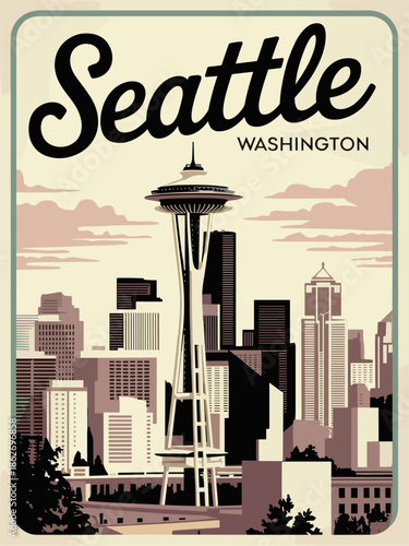 A two color linocut style travel poster of Seattle featuring the Space Needle, minimalist skyline, and soft retro typography.
