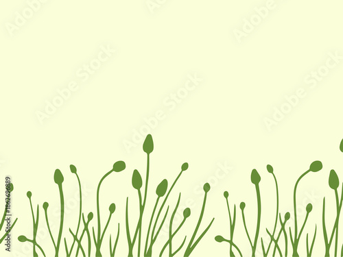 Minimalist illustration of green plant buds emerging from the bottom against a pale background