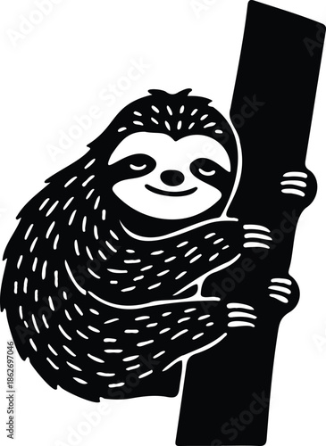 Cute Sloth Hugging Tree Black and White Vector Illustration