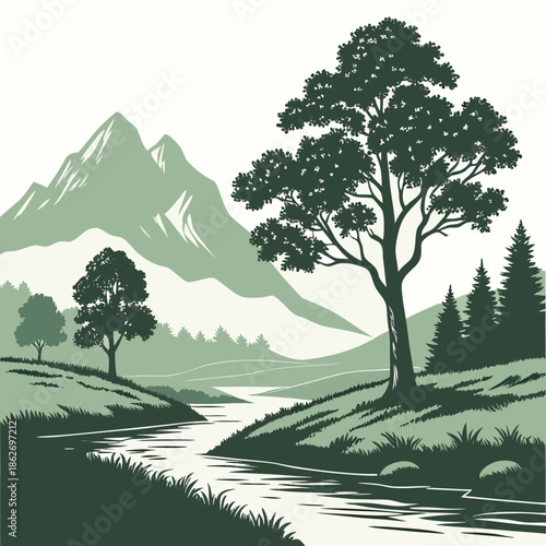 Peaceful Nature Landscape with Mountains and River Flow