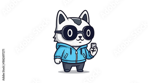 Cartoon Cat with Glasses Holding a Smartphone in Hoodie.
