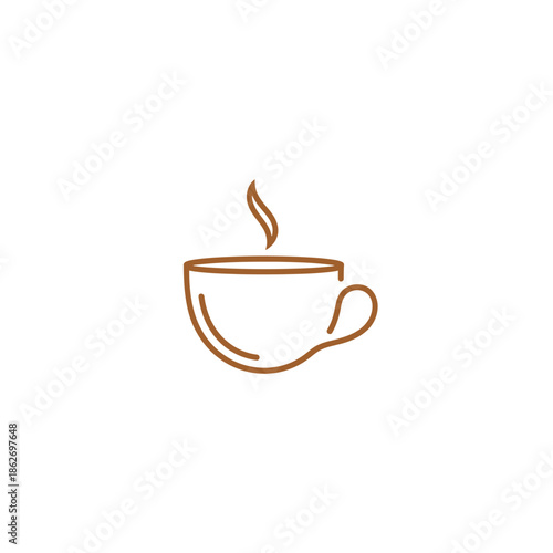 Minimalist Coffee Cup Icon with Steam, Brown Outline on White.