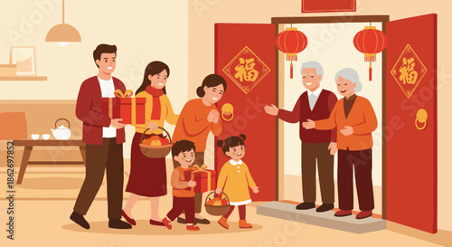 “Flat vector illustration of people visiting relatives during Chinese New Year, carrying gift boxes and fruit baskets, greeting at the doorway, red decorations on doors, friendly expressions, warm fes