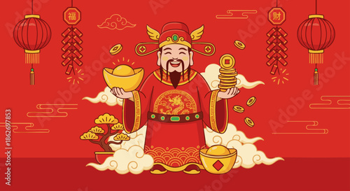 “Flat vector illustration of the Chinese God of Wealth during Lunar New Year, traditional costume, gold ingots and coins, auspicious symbols, red background, festive atmosphere, flat vector art,