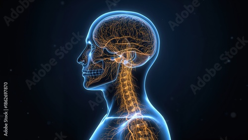 Detailed anatomy render of the skull contents and spine highlighting the nervous system pathways.