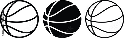 Three stylized basketballs in a row, one solid black, two outlines