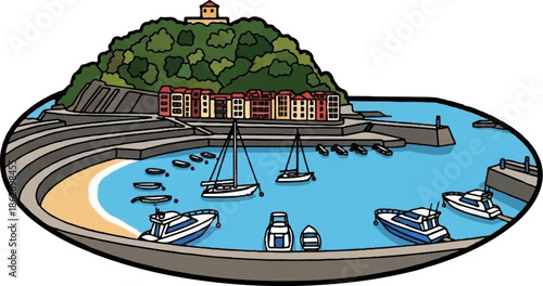 Colorful cartoon illustration of a lively coastal town harbor with boats, beach, and hill with a building