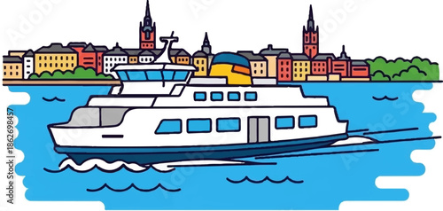 Colorful cartoon illustration of a passenger ferry boat sailing on blue water past a vibrant city skyline