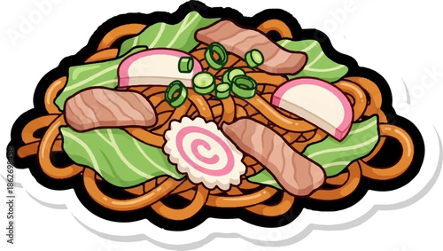 Colorful cartoon illustration of a noodle dish with meat, cabbage, fish cakes, and green onions