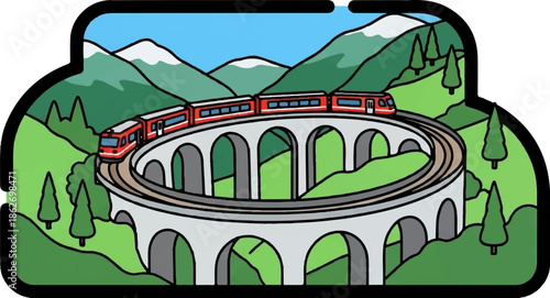 Colorful cartoon illustration of a red train traveling on a circular viaduct in a mountainous landscape