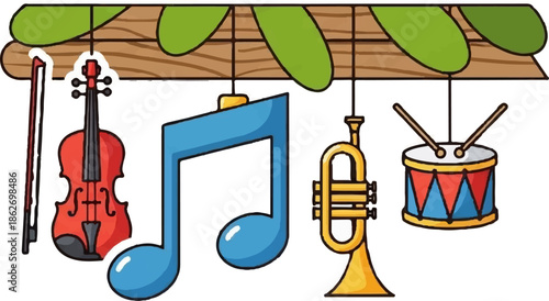 Colorful cartoon instruments (violin, music note, trumpet, drum) hanging from a wooden beam with leaves