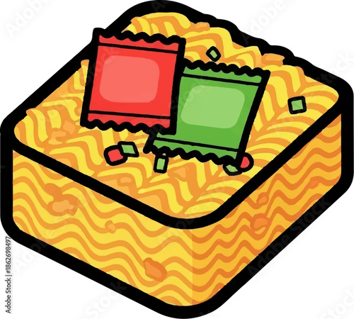 Colorful cartoon instant ramen block with seasoning packets and vegetable bits, ready to be prepared