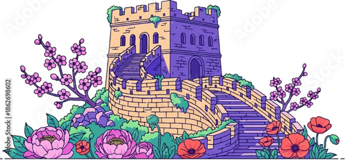 Colorful illustration of an ancient wall and watchtower adorned with pink peonies, red poppies, and cherry blossoms