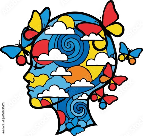 Colorful human head silhouette filled with abstract patterns, suns, clouds, and butterflies, representing mind and nature