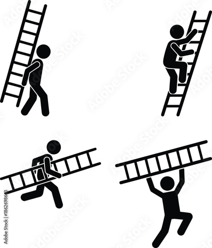 Stick figures climbing and carrying ladders in various ways