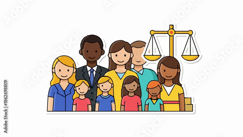 Diverse group of adults and children standing together, with scales of justice in the background, promoting equality