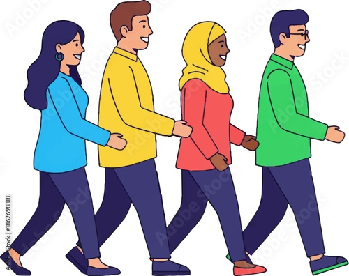 Diverse group of four people, two women and two men, walking together in a line, smiling