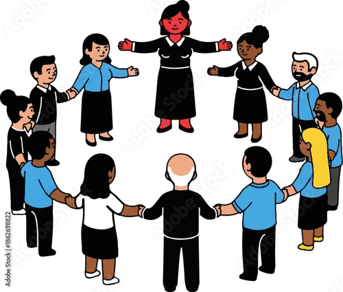 Diverse group of cartoon people holding hands in a circle around a welcoming central figure, unity concept