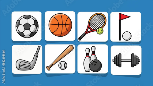 Eight cartoon sports icons soccer ball, basketball, tennis racket, golf flag, golf club, baseball bat, bowling pins, dumbbell