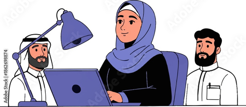 Diverse team of three, including a woman in hijab, collaborating at a desk with a laptop and lamp