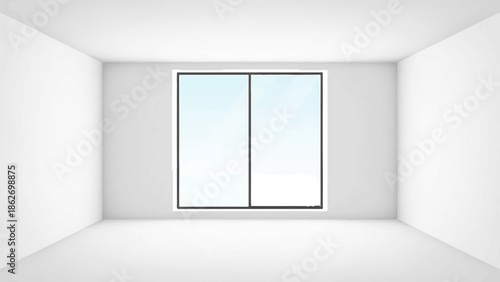 Empty white room with a large rectangular window showing a bright sky, minimalist interior design
