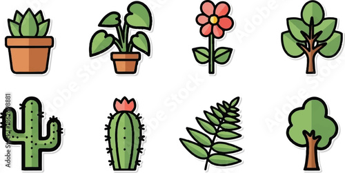 Eight diverse plant illustrations potted succulents, cactus, a flower, a fern, and two trees