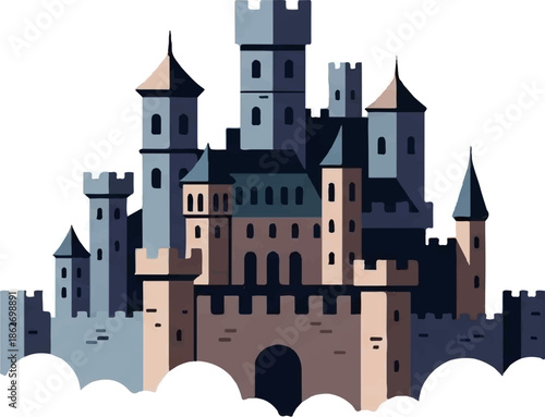Fantasy-style illustration of a grand castle featuring many towers, spires, and defensive walls