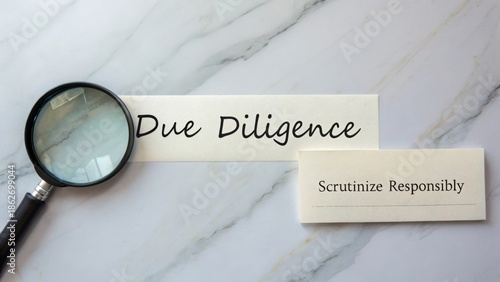 Concepts of Due Diligence and Responsible Scrutiny on a Marble Surface with Magnifying Glass Accents