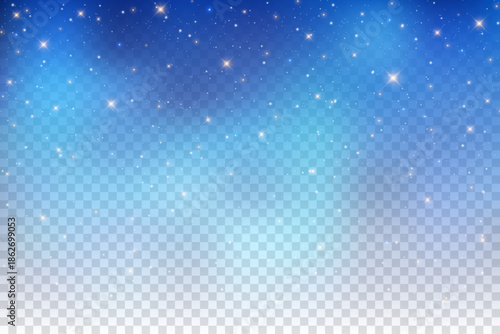 Starry transparent night sky with golden dust of glitter. Vector galaxy with light effect of small stellar particles. Magic cosmic decoration with realistic twinkles and constellations