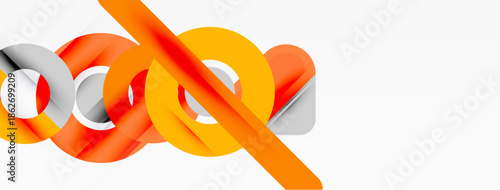 Abstract design features orange, silver loops. Shapes overlap, creating dynamic visual impact. Minimalist style, clean background.