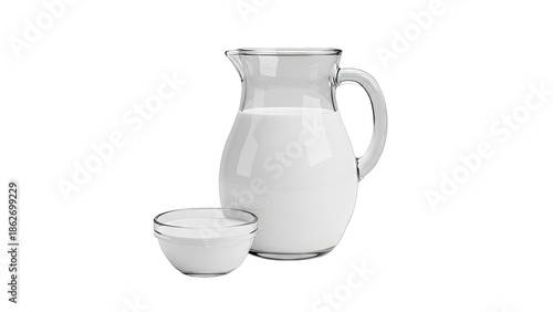 Glass pitcher and bowl filled with fresh milk on a white background