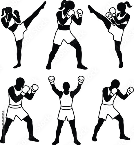A collection of six silhouettes showing different poses from boxing and martial arts