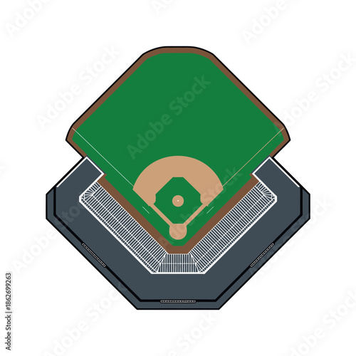 Overhead view of a baseball diamond stadium shows the green.