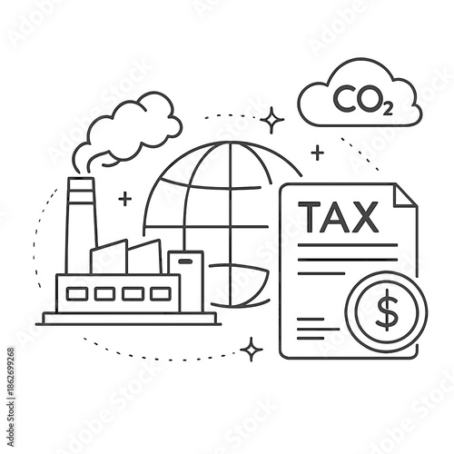 Line art illustration of global carbon tax policy with industrial