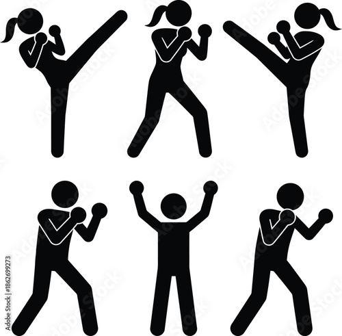 A collection of black silhouette icons representing various martial arts and combat sports poses