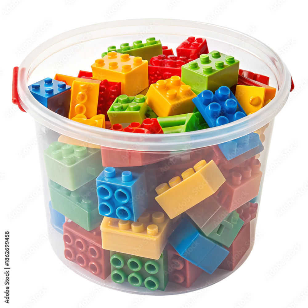 Naklejka premium A plastic bucket filled with colorful building blocks for creative play and learning