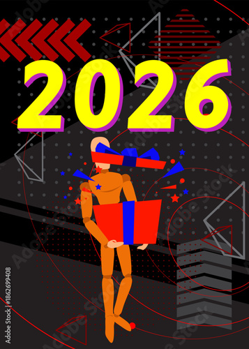 Wooden puppet holding a giftbox with an 2026 text geometrical graphic retro theme background. Minimal geometric elements. Vintage abstract shapes vector illustration.