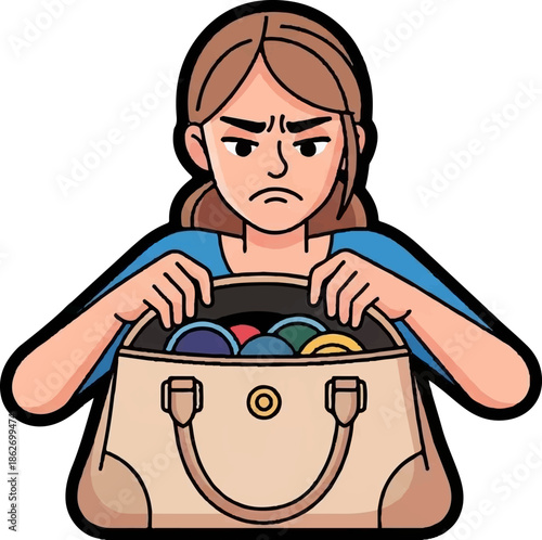 Frustrated woman illustration looking into her overflowing handbag, filled with various colorful items