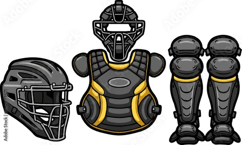 Illustrated baseball catcher's gear helmet, chest protector, and leg guards, in grey, black, and yellow