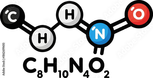 Illustrated chemical structure of a complex molecule showing bonded atoms and its molecular formula