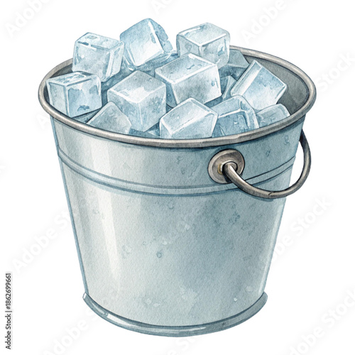 A metal bucket overflowing with freshly cut ice cubes, perfect for a refreshing summer drink or a festive gathering