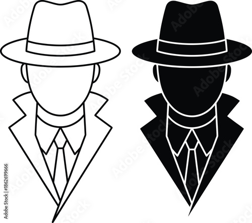 Two stylized figures in fedora hats and suits, one outlined and one solid black