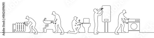 House repair concept. Linear vector illustration of  men at household work or troubleshooting professional service workers