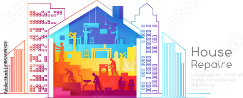House repair concept. Layered vector illustration of  men at household work or troubleshooting professional service workers