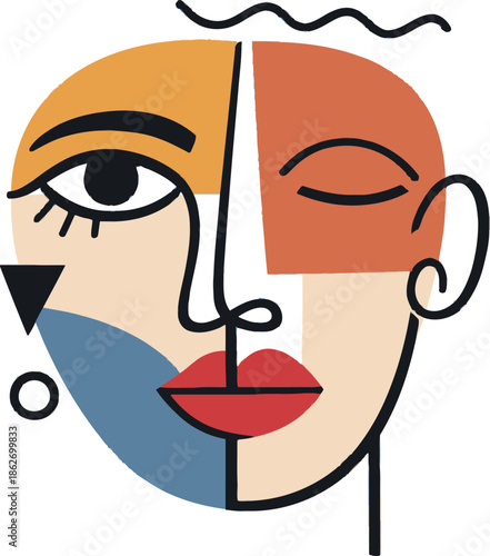 Abstract line art illustration of a human face depicting a cubist style with bold colors for modern artistic design