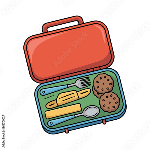 Open lunch box filled with cookies, utensils, and prepared food.