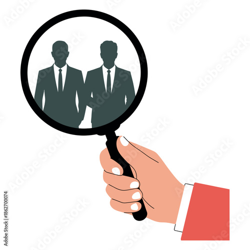 Magnifying glass reveals two business silhouettes for recruitment.