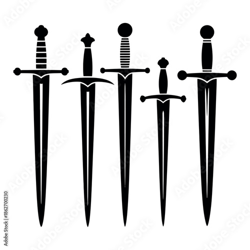 Assorted medieval sword silhouettes suggest historical combat.